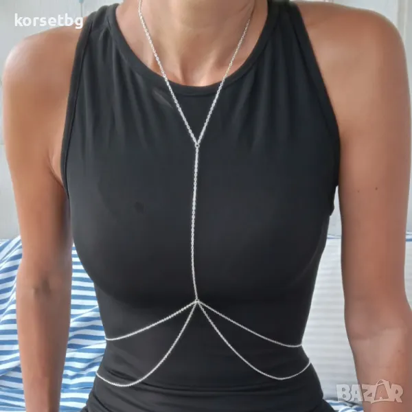 Стилно дамско колие за тяло от сребриста верижка 3194, снимка 1