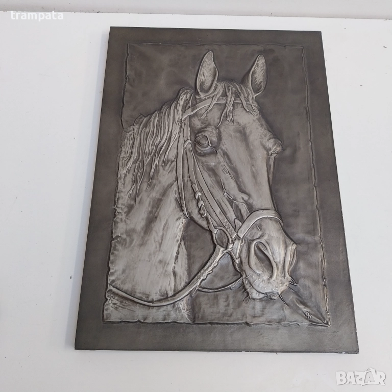 Стара Немаска белереф картина дърво метал Конска глава , снимка 1