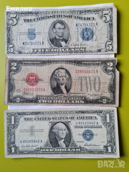 USA 🇺🇸 СЕТ ОТ 3 БАНКНОТИ $ 5 1934# $2 1928 и $1 1957, снимка 1