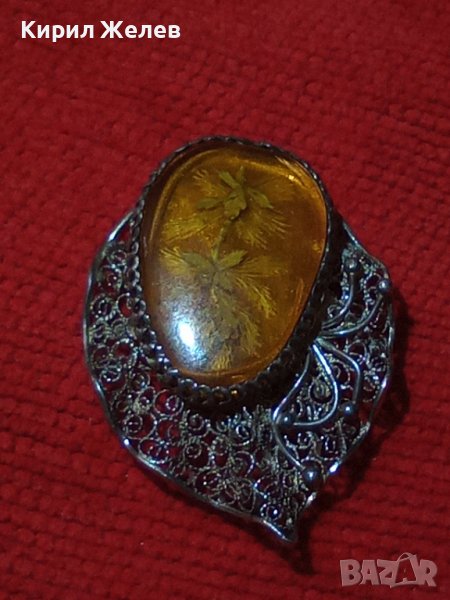 РЕТРО СРЕБЪРНА ФИЛИГРАН със СМОЛА ФЛОРАЛНА БРОШКА ВИСОКА ПРОБА СРЕБРО ГРАНУЛАЦИЯ БИЖУ 8059, снимка 1