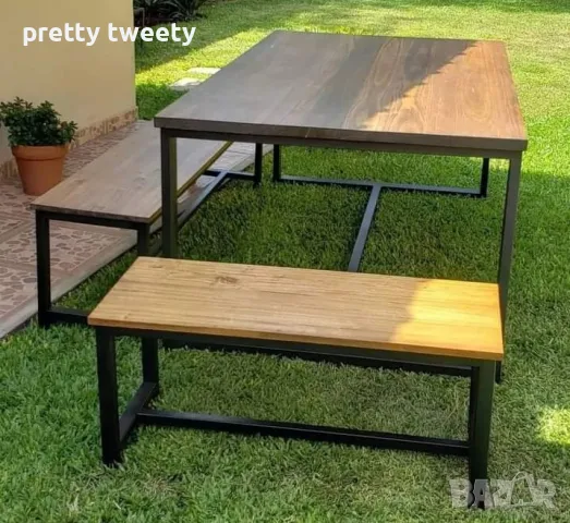 Градински комплект от метал и дърво - маса с две пейки, снимка 3 - Градински мебели, декорация  - 49684646