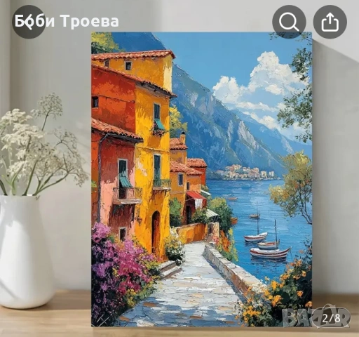 Италиански пейзаж-средиземноморска сцена с червени тухлени къщи, лодки и цветя, снимка 4 - Картини - 53035710