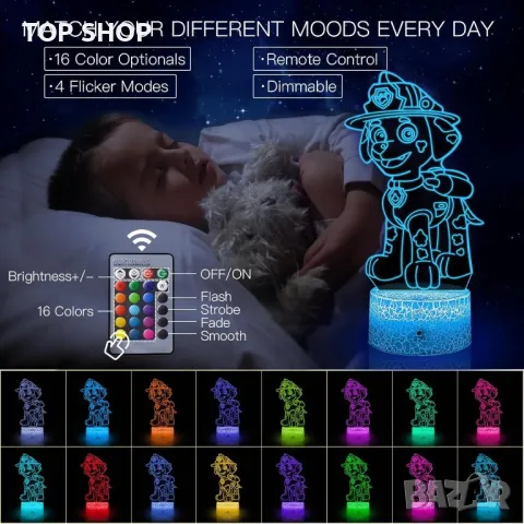 3D LED Paw Patrol илюзионна лампа, 3 плаки, 16 променящи се цвята, снимка 9 - Настолни лампи - 49146200