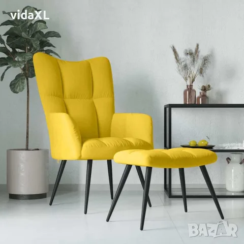 vidaXL Релаксиращ фотьойл с табуретка, кадифе в цвят горчица и жълто, снимка 2 - Столове - 56146926