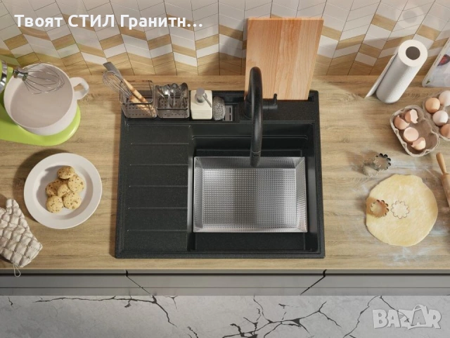 Графит гранитна кухненска мивка Сидни 620-45 Pocket Ergo Multilevel, снимка 4 - Мивки - 53813031