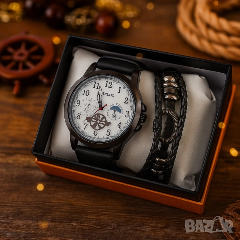 Мъжки часовник с големи цифри и подаръчна гривна – стил и практичност в готов комплект, снимка 5 - Бижутерийни комплекти - 51947431