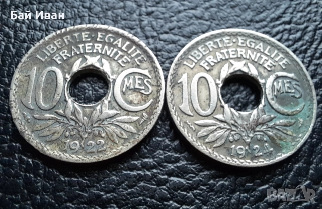 Стара монета 10 сантима 1922 г. и 1924 г. Франция - красавици !, снимка 7 - Нумизматика и бонистика - 42197936
