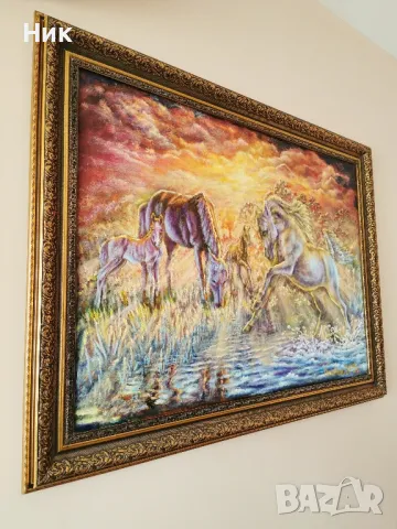 Картина върху платно с маслени бои Среща на коне при залез , снимка 5 - Картини - 49030638