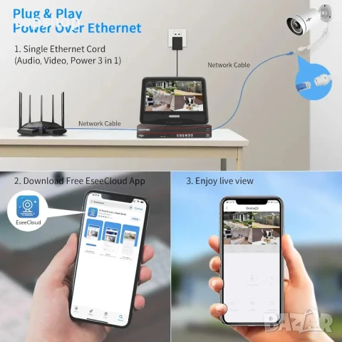 ЧИСТО НОВА с 3TB HDD Hiseeu 5MP 8-канална PoE CCTV СОТ система с 10'' LCD монитор, 4бр. камери..., снимка 10 - Комплекти за видеонаблюдение - 50552507
