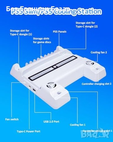 Нова PS5 Slim Охлаждаща Стойка със Станция за Зареждане и Игрални Слотове, снимка 6 - Друга електроника - 44159714