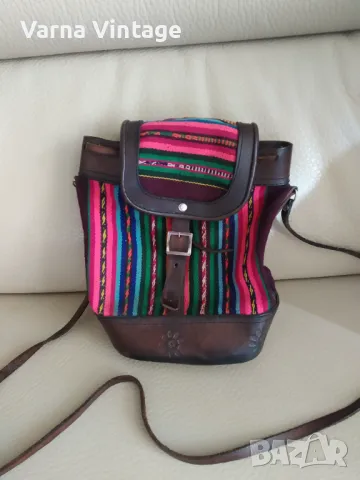  Стилна дамска чанта от естествена кожа и плат в етно стил