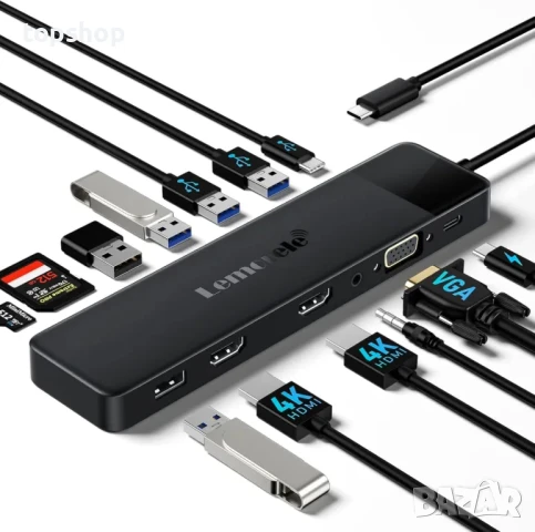 НОВ USB C хъб Lemorele 13 в 1 USB C, докинг станция с троен монитор - 2 HDMI 4K, VGA, 5 USB 3.0...