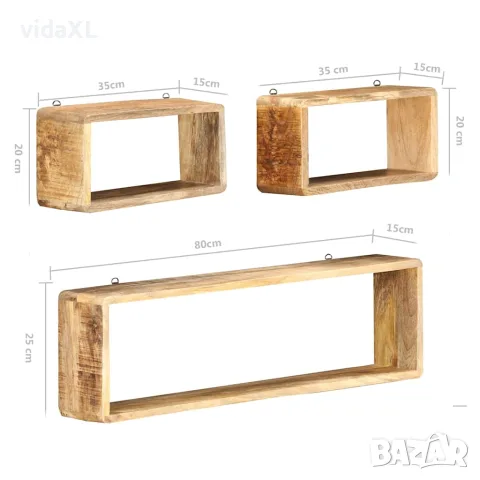 vidaXL Кубични рафтове за стена, 3 части, мангово дърво масив, снимка 4 - Етажерки - 56146553