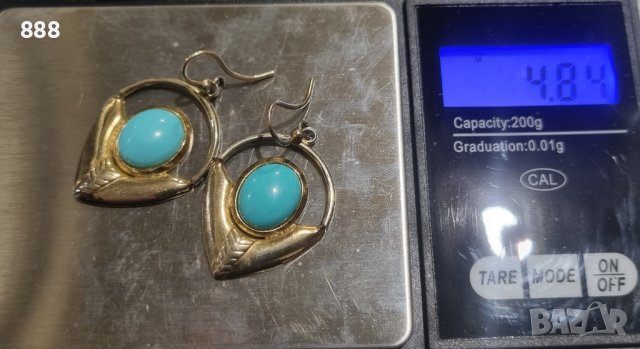 Vintage сребърни обеци с тюркоази и позлата , снимка 4 - Обеци - 44185247