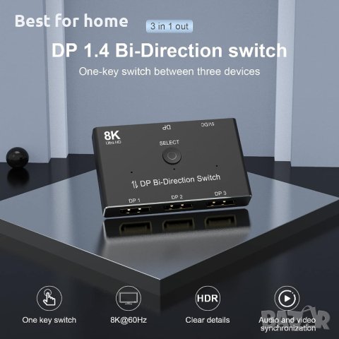 8K DisplayPort Switch Splitter 3 Port 1x3 Bi-Directional DP, снимка 5 - Кабели и адаптери - 41763113