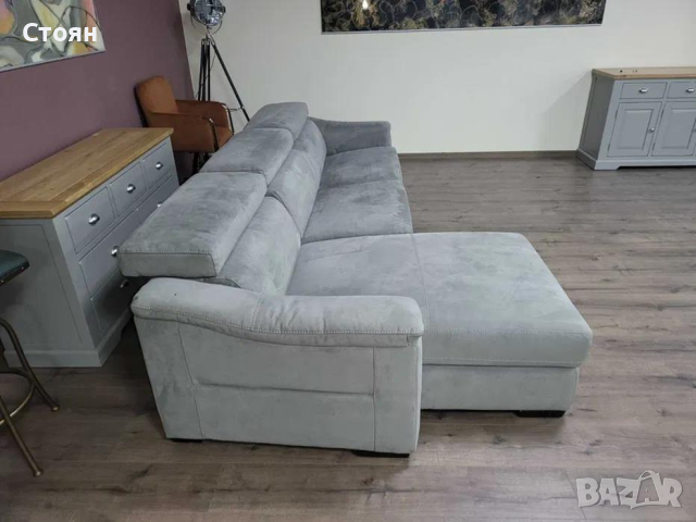 Сив ъглов диван от плат с функция сън и ракла и подвижни облегалки, снимка 6 - Дивани и мека мебел - 44606187