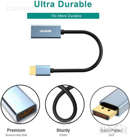 Benfei DisplayPort към HDMI порт, позлатен DP Display Port към HDMI адаптер, снимка 3 - Кабели и адаптери - 35828896