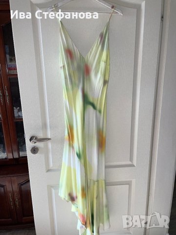 Разкошна сатенена лимонено жълто зелена свежа елегантна дълга асиметрична парти  сатен 100% визкоза , снимка 9 - Рокли - 41673550