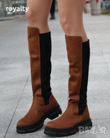 Равни ботуши - кафяво и черно велур