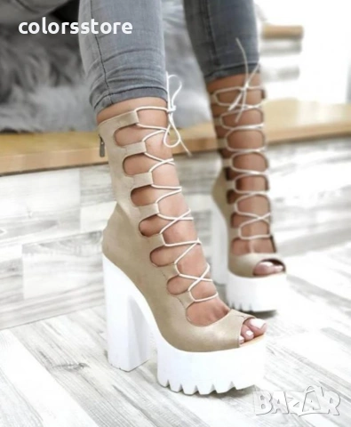 Летни боти на ток - бежов велур - 101 