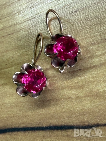 позлатени сребърни руски обеци с рубини, снимка 3 - Обеци - 53784762