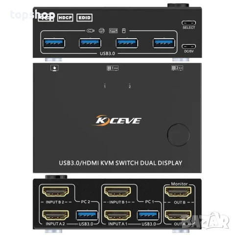 НОВ, ТЕСТВАН, ПЕРФЕКТЕН KVM Switch суич за 2 компютъра към 2 монитора, HDMI KVM Switcher USB 3.0...