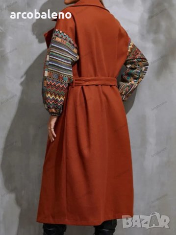 Дамско палто с дълга яка, пачуърк ръкави и връзка на талията отпред, 2цвята - 023, снимка 8 - Палта, манта - 38987028