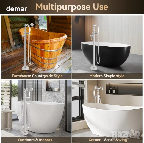 Хромиран свободностоящ смесител за вана, ръчен душ с гъвкав маркуч, 2 изхода за вода, монтаж на пода, снимка 6 - Смесители - 50926221