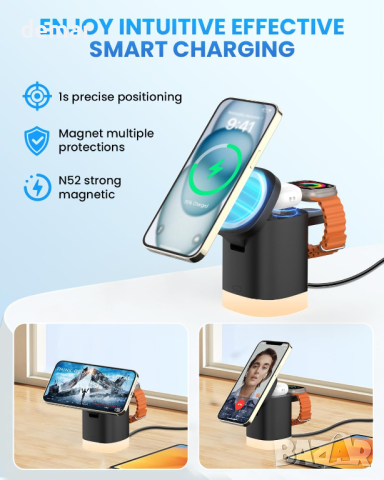 JoyGeek 3 в 1 магнитна безжична станция за зареждане 18W,съвместима с iPhone 15/14/13/12,Apple Watch, снимка 5 - Безжични зарядни - 44570247