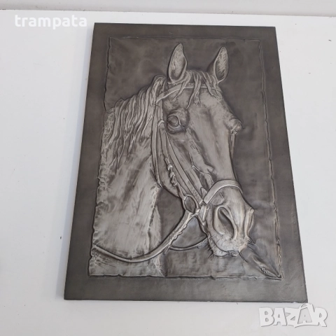 Стара Немаска белереф картина дърво метал Конска глава 