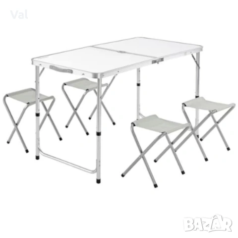Комплект сгъваема алуминиева маса с 4 стола – идеален за къмпинг, двор и почивка