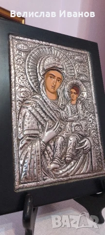 Стара гръцка икона на Богородица с Младенеца. Сребърна 950. Перфектно състояние., снимка 4 - Икони - 50756717