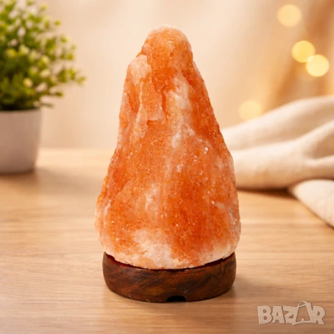 Солна лампа / Лампа от хималайска сол с дървена основа - 3 размера, снимка 4 - Настолни лампи - 53499225
