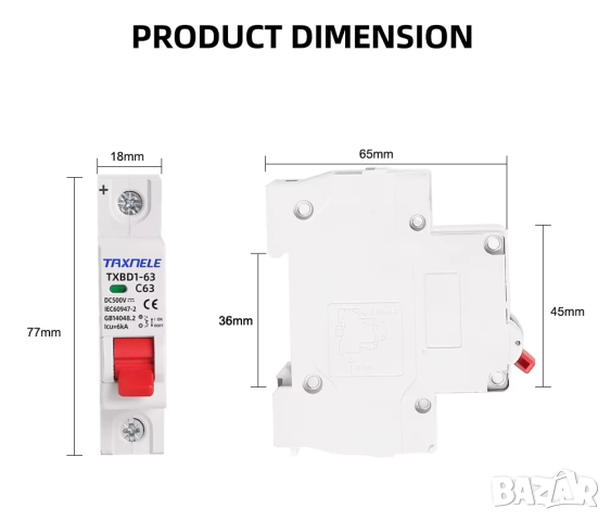 Taxnele DC 500V Мини прекъсвач 1P / Защита от претоварване, снимка 8 - Друга електроника - 52237784