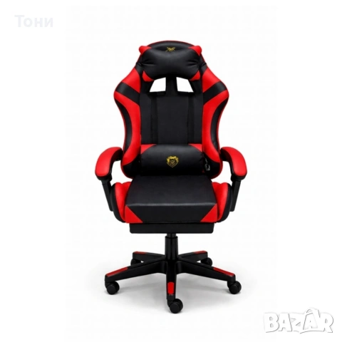 Удобен геймърски стол с поставка за крака и масажна лумбална възглавница, Черно-червен, снимка 4 - Геймърски - 53448869