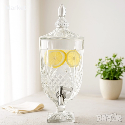 Луксозен стъклен диспенсър за сок и напитки 3L с капак и кранче, снимка 4 - Други стоки за дома - 51811922