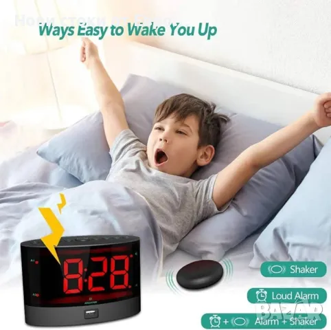 ANJANK Много силен будилник с безжични вибрации,вибратор за легло, двойна аларма, USB, снимка 7 - Стенни часовници - 49296089