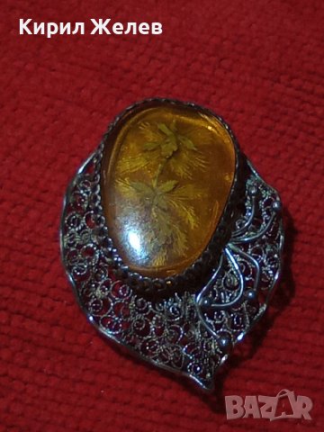 РЕТРО СРЕБЪРНА ФИЛИГРАН със СМОЛА ФЛОРАЛНА БРОШКА ВИСОКА ПРОБА СРЕБРО ГРАНУЛАЦИЯ БИЖУ 8059