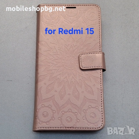 Redmi 15 калъф страничен с прегради и закопчаване розов розово злато 