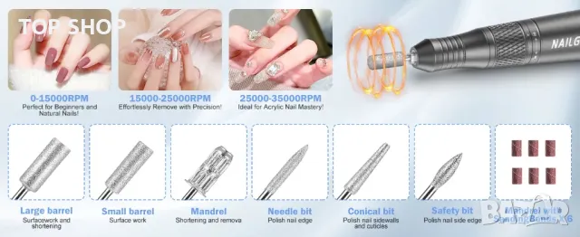 NAILGIRLS Безжична електрическа пила за нокти с аксесоари, снимка 8 - Маши за коса - 48778286