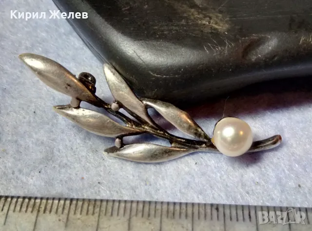 Старинна ФЛОРАЛНА ПЕРЛЕНА СРЕБЪРНА БРОШКА ЛАКИРАНО СРЕБРО ВИСОКА ПРОБА с ЕСТЕСТВЕНА БЯЛА ПЕРЛА 48255