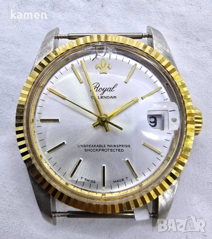 Механичен часовник Royal Calendar със защита от удар | Винтидж швейцарски часовници, снимка 11 - Антикварни и старинни предмети - 53659149