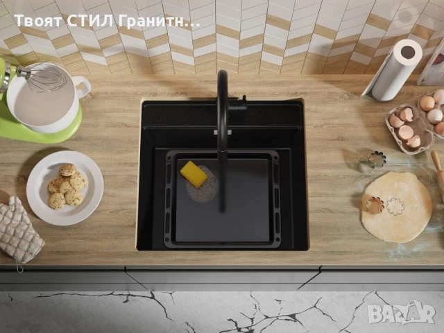 Черна кухненска мивка за вграждане под плот Берген 60 Low 560x530 мм, снимка 7 - Мивки - 51415907