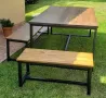 Градински комплект от метал и дърво - маса с две пейки, снимка 3