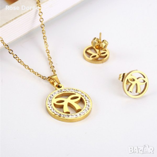 RD 339 Комплект Панделка бижута обеци и колие в златисто медицинска стомана безплатна доставка, снимка 1