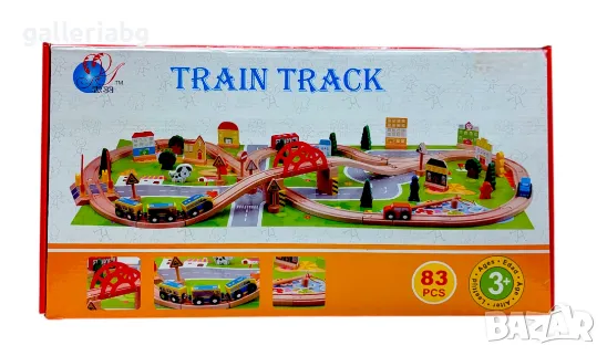 83 части, Дървена писта с колички , снимка 1