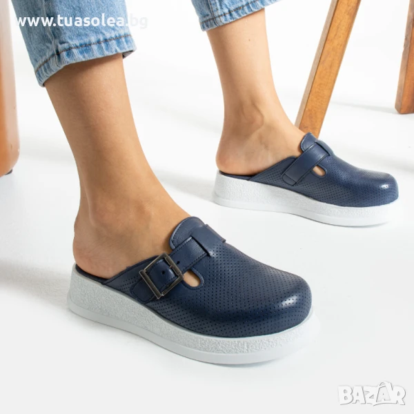 Синьо анатомично работно сабо от естествена кожа | Марка Tuasolea, снимка 1