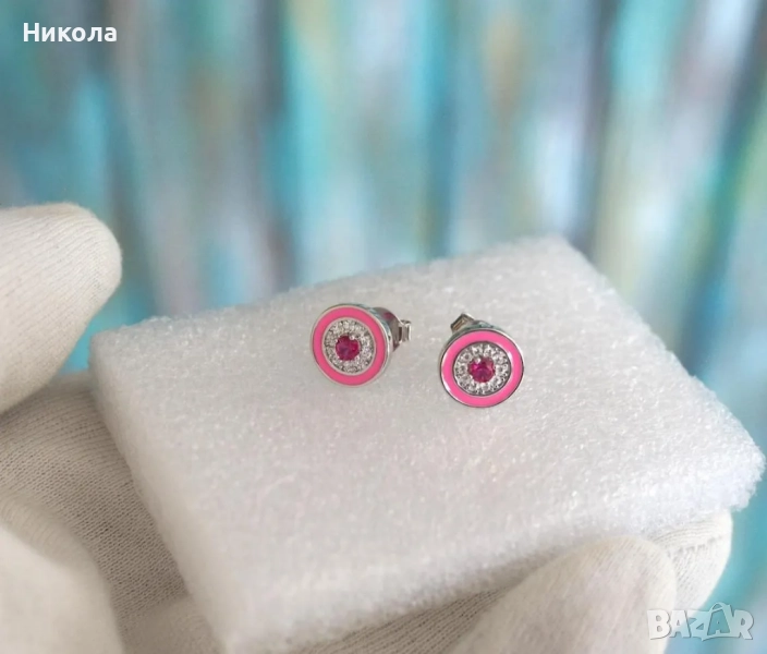 Сребърни обеци с емайл и цветни циркони -  Германия, 1990г, неносени., снимка 1
