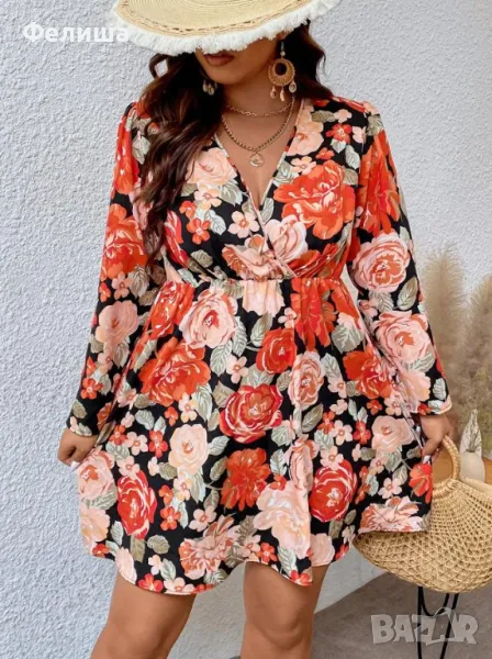 Красив Многоцветен Модел Туника / Рокля с Оранжево Огнени Цветчета, снимка 1