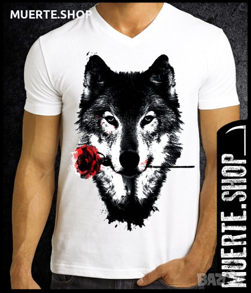 Тениска с щампа WOLF WITH ROSE, снимка 1
